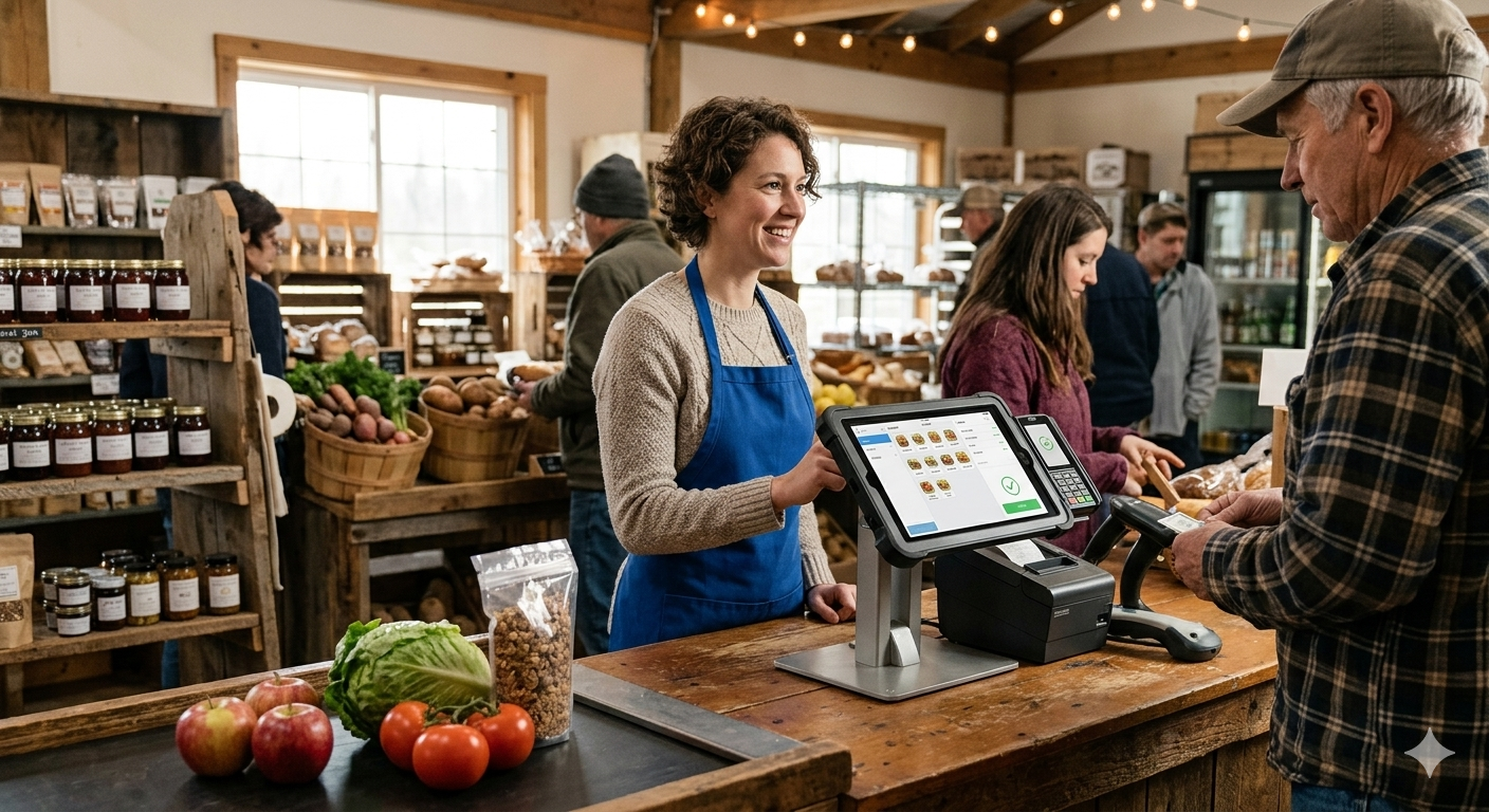 Warm local rural grocery market with fresh produce and welcoming community atmosphere