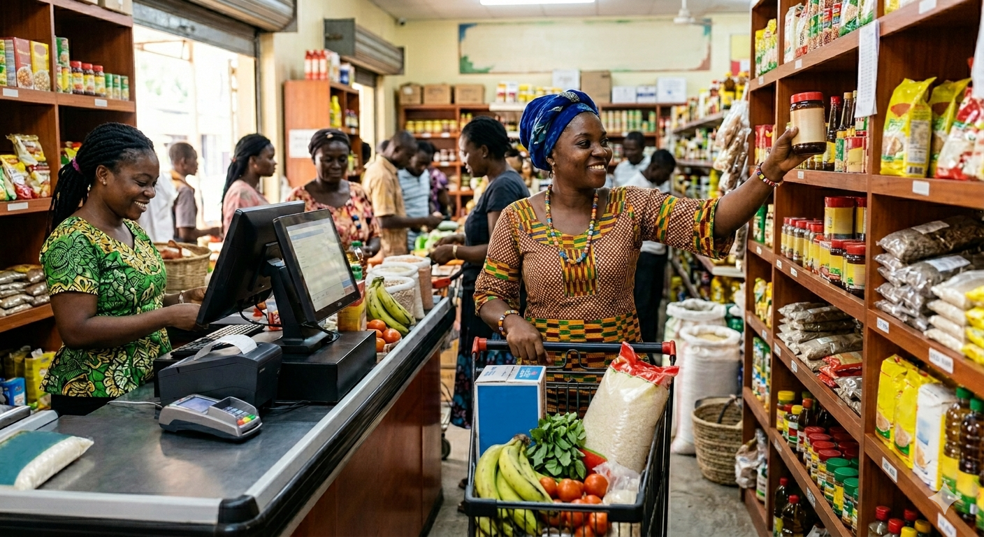 Retail POS checkout counter with screen and payment equipment in a busy store