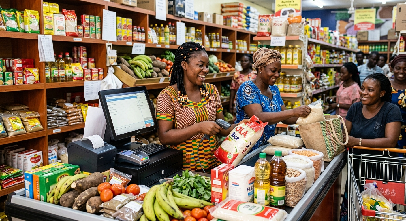 Modern grocery store interior with fresh produce and specialty food shelves