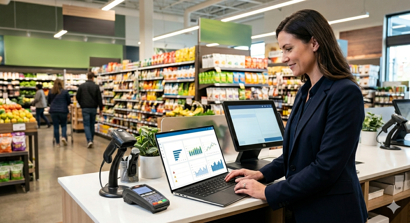 Retail team evaluating store software and operations