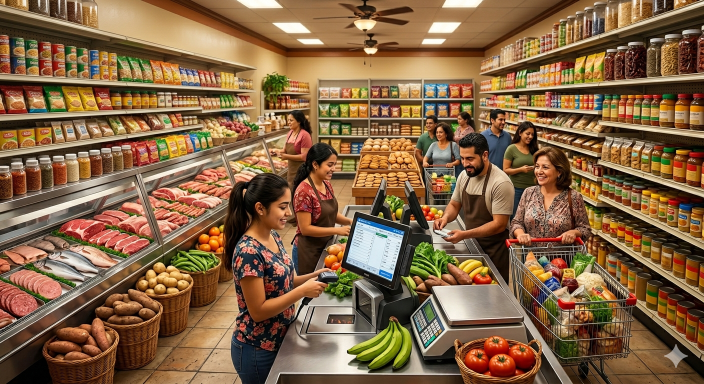 Busy grocery checkout area with fresh food sections