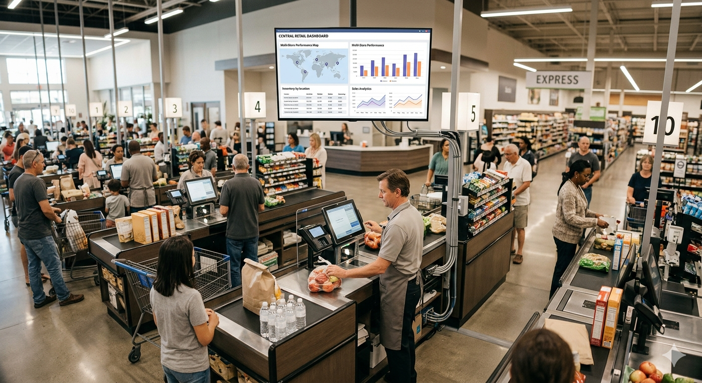 Retail operations professional monitoring grocery chain performance dashboard on laptop